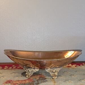 Vintage Elongated Copper Bowl W/ Ornate Brass Feet & Roped Edge